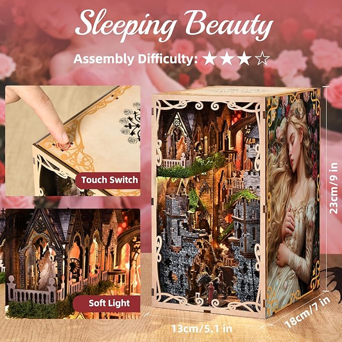 Book Nook Kit, DIY Scene Miniature House Kit Tiny House Mini Booknook Craft Bookshelf Decor, 3D Puzzles for Adults, Scale Model Building for Book Lovers (Sleeping Beauty)