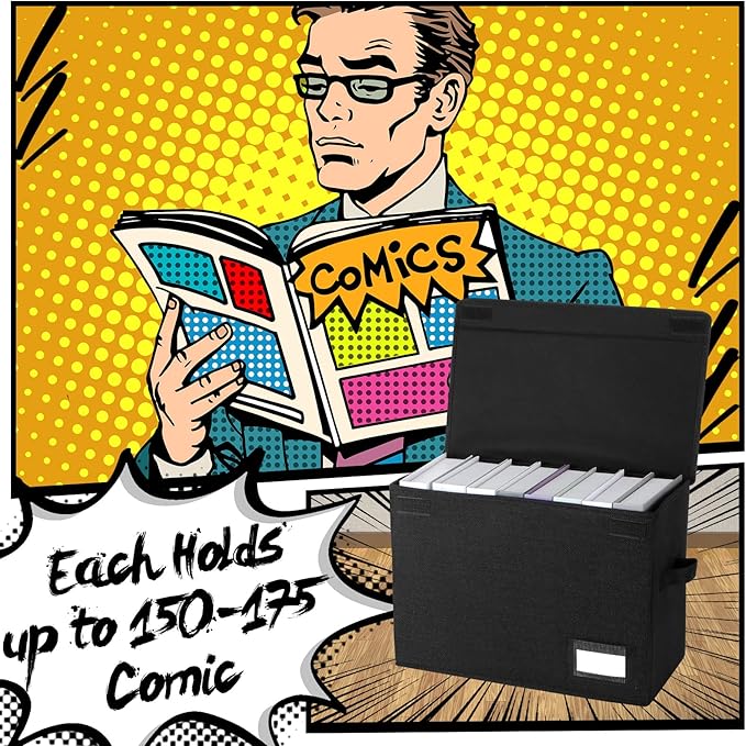 Chuangdi 6 Pcs Comic Book Storage Boxes, Back to School Collapsible Comic Short Box Case with Lid, 15.8 x 7.9 x 11.4 Inch Book Bin Container Holds 150 Comics(Black)