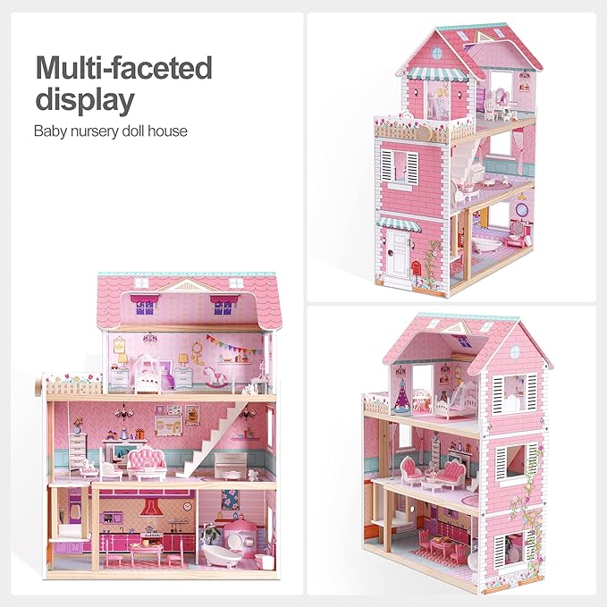 ROBOTIME Wooden Dollhouse, Doll Houses Playset with 24 Pcs Furniture for 4, 5, 6-Inch Dolls, Dollhouse Gift for 3+ Year Old Girls (Pink)