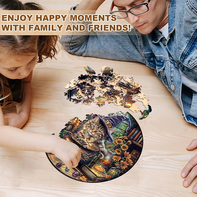 KAAYEE Wooden Puzzles for Adults, Magic Feline Cat Wooden Jigsaw Puzzle 450 PCS Unique Shape Wood Puzzle Adult, 3D Effect Flat Puzzle Birthday Family Game (XL-17.3 * 17.3in)