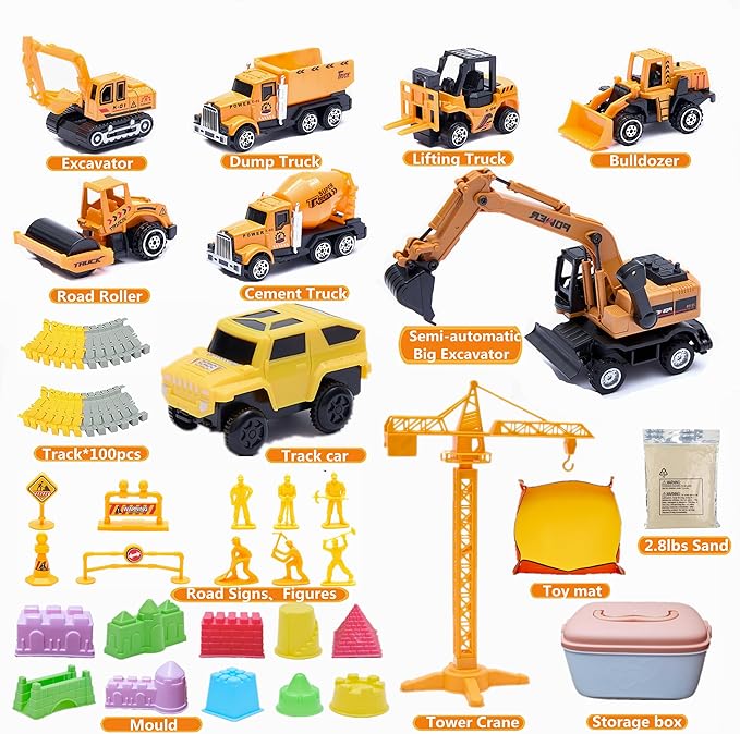Play Construction Sand Kit, 2.2lbs Magic Sand, 6 Alloy Trucks,1 Big Semi-automatc Excavator,1 Race Truck 100 Tracks,10 Castle Molds,1 Sandbox mat,1 Storage Box, Sensory Toys for Kids Ages 3+