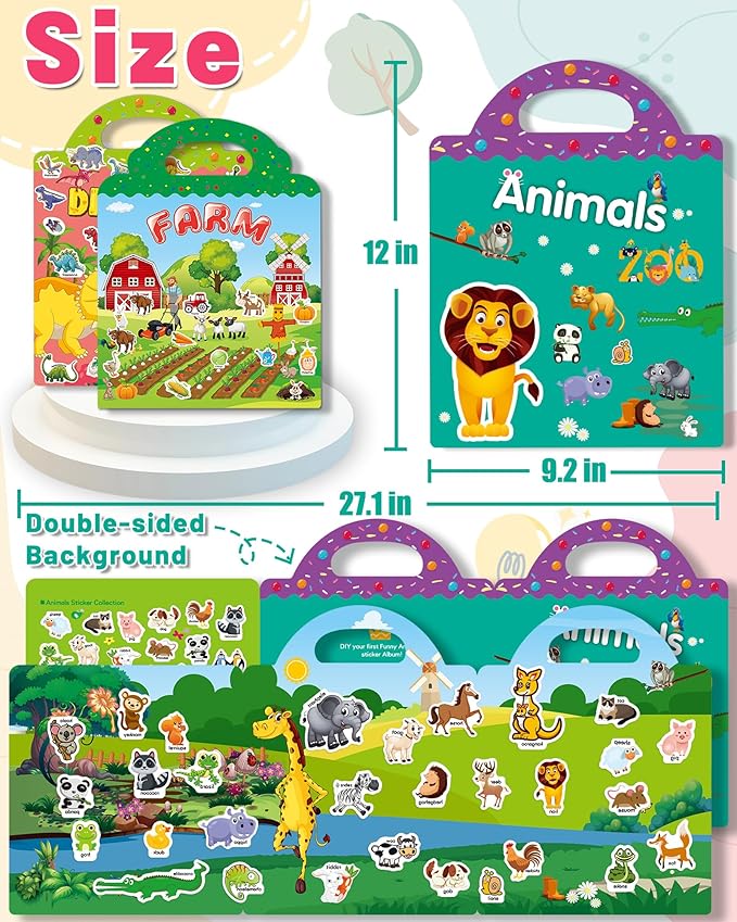 3 Pack Reusable Sticker Book for Toddlers 2-4 Years, Toddler Sticker Book for Kids, Toddler Activities Crafts Preschool Learning Travel Toys Birthday Gifts for Boys Girls Ages 1-3, 2-4, 3-5