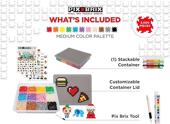 Pix Brix Pixel Art kit Puzzle Bricks - 3,000 Piece Pixel Art Container, 12 Color Medium Palette - Interlocking Building Bricks, Create 2D and 3D Builds Without Water or Glue - Stem Toys, Ages 6 Plus