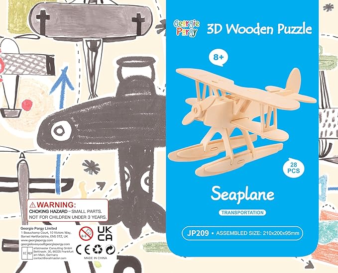 Georgie Porgy 3D Wooden Puzzles for Kids Toys Construction Woodcraft Kits DIY Model Puzzle Kits Birthday Gifts Pack of 3 (Seaplane Sports Cars London Bus)