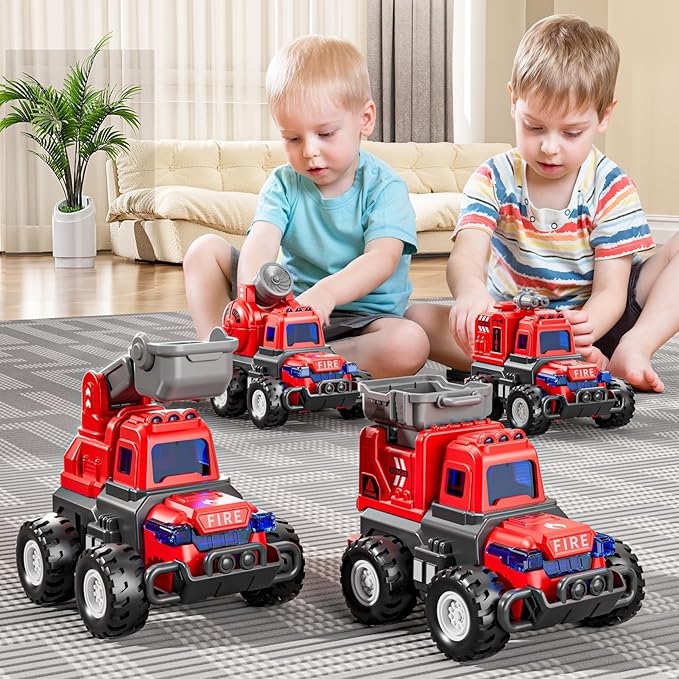 4 Pack Fire Trucks Toys for Toddlers Kids 2-4 Years, Press and Go Cars for Toddlers Boys Girls with Flexible Joints, Kids Toddlers Toys for 3 4 5 6 Years Old Boys Girls Birthday Gifts