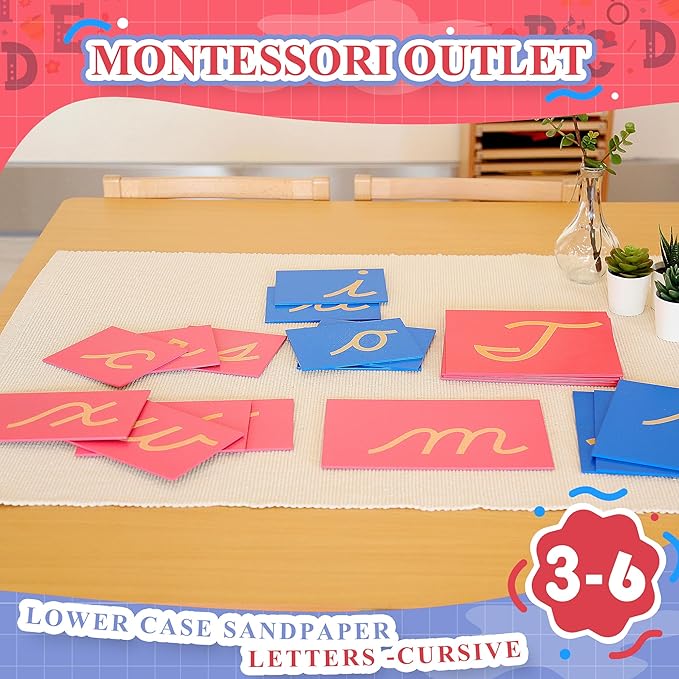 MONTESSORI OUTLET Woonden Sandpaper Letters Lower Case Cursive Toys for Early Childhood Kids Alphabet Educational Material