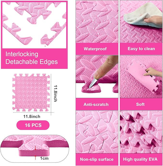 Shihanee 16 Pcs Foam Floor Baby Tiles 11.81 x 11.81 inches Foam Floor Mats Play Mats Bulk with Borders Interlocking for Kids Baby Playroom Nursery Gym（Light Pink）