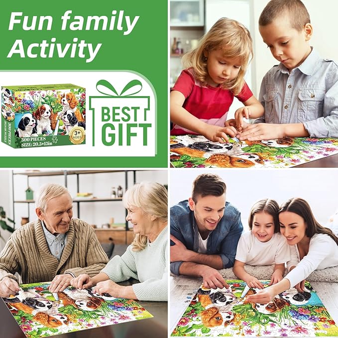300 Pieces Cute Dogs Puzzles for Adults,Large Pieces Puzzle for Teens Seniors,Fun Puzzles 300 Piece for Kids Ages 8-10 10-12,Challenging Jigsaw Puzzle for Family,Great Gift for All Ages,20.5 x 15 in