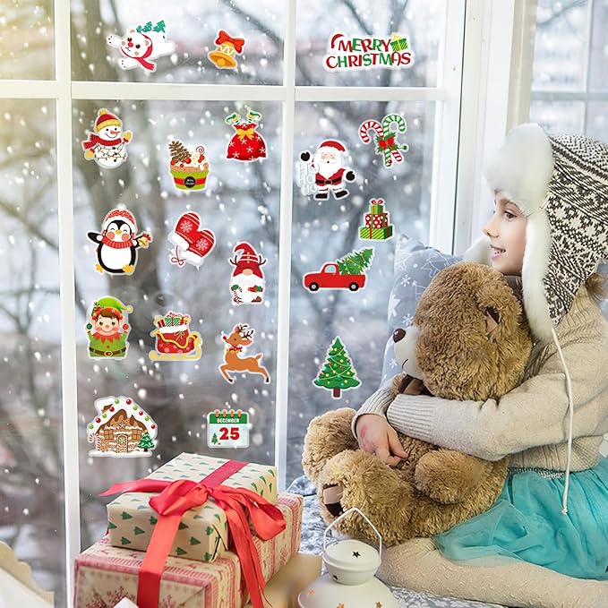 MARFOREVER 25 Pcs Christmas Window Gel Clings, Xmas Santa Claus Snowman Gingerbread Man Snowflake Penguin Thick Window Clings Decals for Classroom Nursery Home Christmas Holiday Party Decorations