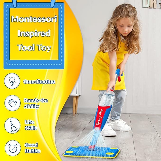 Kids Mop Cleaning Set Actually Cleans, Mini Toddler Size Kids Spray Mop Really Works, Detachable Small Mop Interactive Kid Pretend Play Toys Gift for Boys Girls