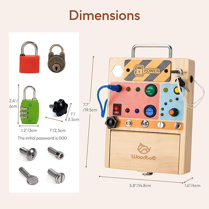 Woodtoe 3-in-1 Busy Board with LED Light Switch, Montessori Toys for 3 4 5 Year Old, Montessori Screwdriver Board Set, Lock and Key Toy, Preschool Learning Sensory, Fine Motor STEM Toys for Toddlers