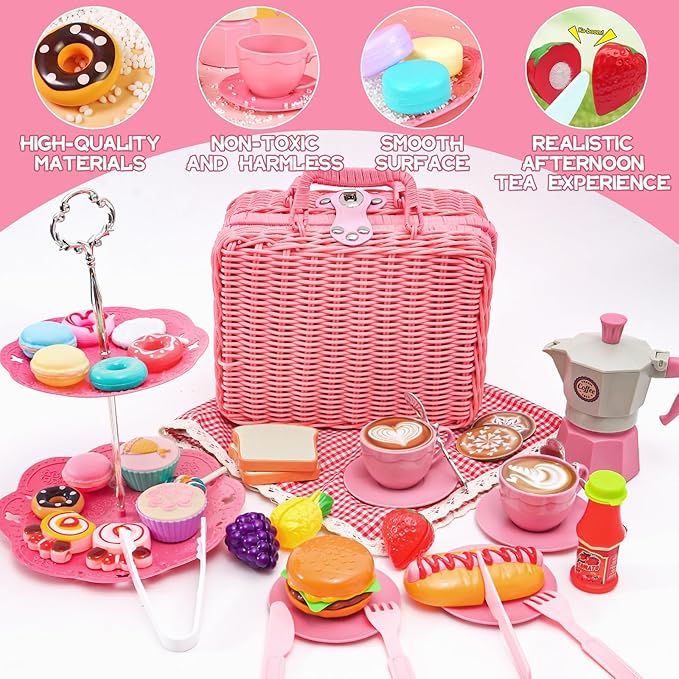Pink Pretend Afternoon Tea Party Set with Storage Basket, Play Food & Accessories for Girls, Tea Party Set for Toddlers Indoor Outdoor Pretend Play, Kids Picnic Basket Toy Gift for Ages 3-8
