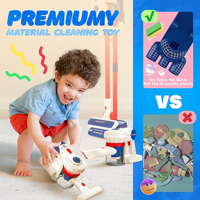 Kids Vacuum That Really Works, SMILESSKIDDO Kids Cleaning Toy Set - 3 in 1 Suction Design & Safe Material Toy Vacuum - Perfect Montessori Pretend Vacuum for Toddlers 3-8
