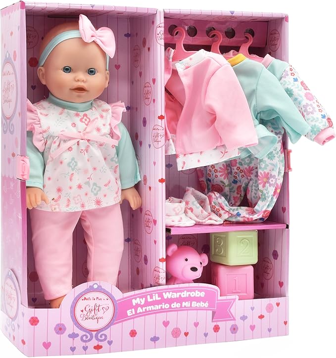 Gift Boutique Baby Doll 14 Inch Soft Body with Clothes & Accessories Sets of Outfits with Hangers Teddy & Toy Blocks Playset Wardrobe Storage Closet, Ideal Gift for Kids - Set of 4