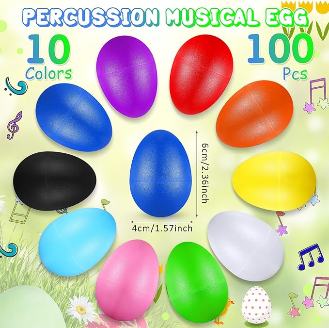 100 Pieces Egg Shakers Musical Instruments Percussion Maracas Egg for Kids Toys Plastic Easter Shaker for Learning DIY Painting, Classroom Music, Rhythm(10 Color)