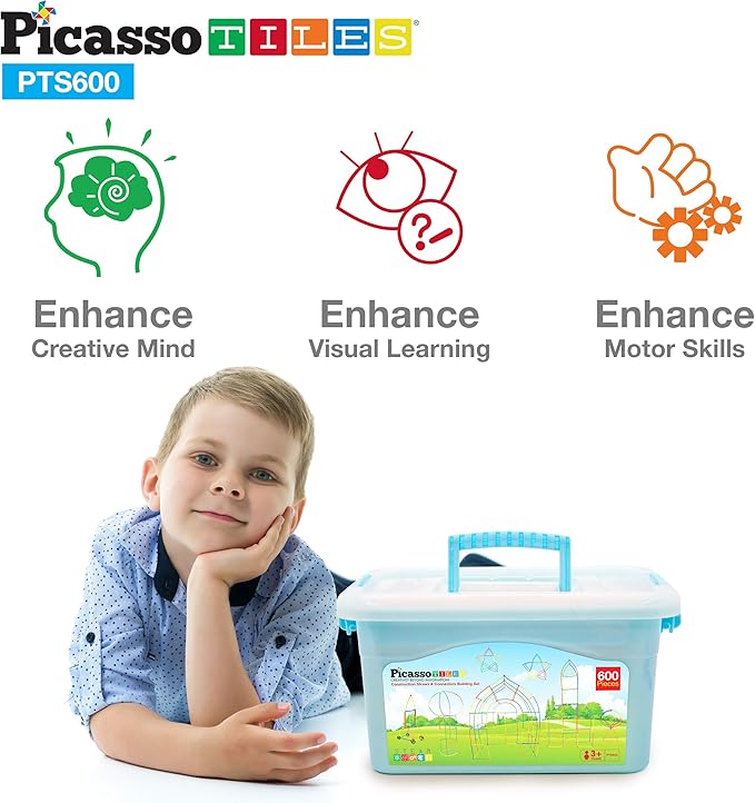 PicassoTiles 600pc Construction Toy Straw Building Set Children STEM Learning Interlocking Building Toys Creative Straw Connecting Builder Kits Early Education Kit for Kids Boys & Girls Ages 3+ PTS600