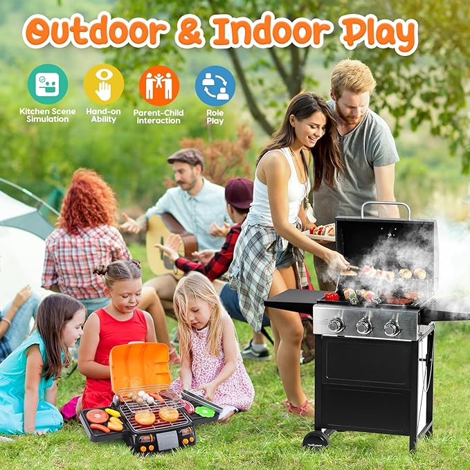 CUTE STONE Cooking Toy BBQ Set, 2 Layers Kids Grill Playset with Play Food, Pretend Smoke Sound and Light, Kitchen Accessories Utensils Toy, Outdoor Camping Barbecue Toys Gift for Toddlers Girls Boys