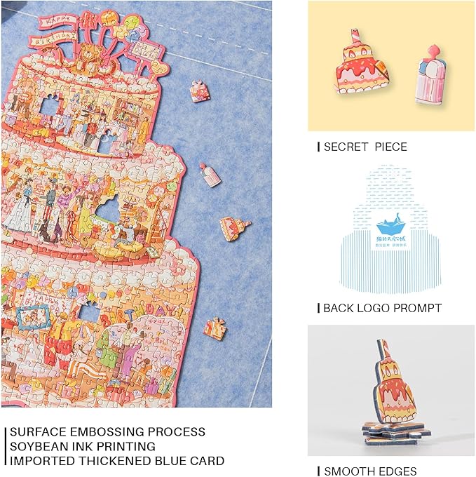 MOMIBOOK Puzzles for Adults 481 Pieces Irregular Jigsaw Puzzles of Birthday Cake Cabin, Painting Image Chinese Challenging Hard Impossible Puzzle Unique Funny Party Christmas Birthday Gifts