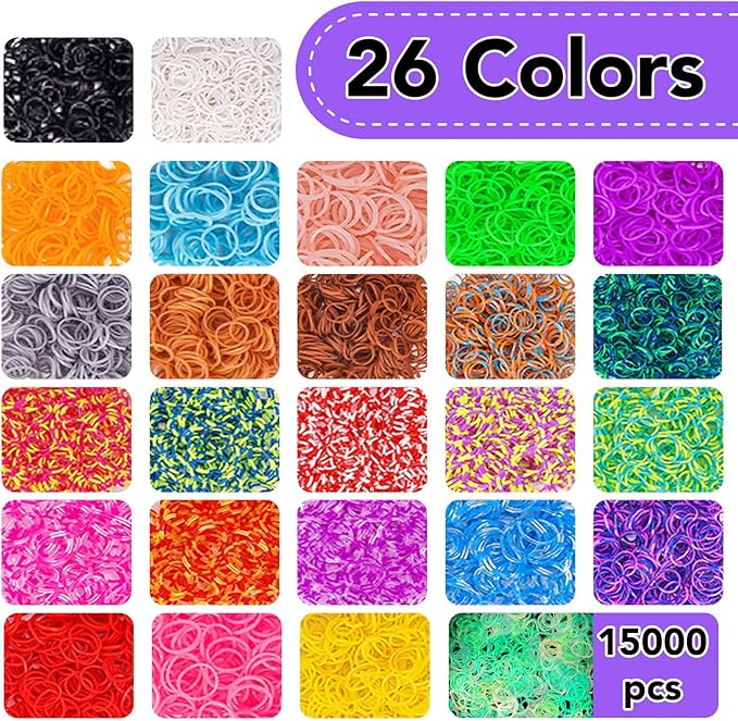 18500+ Bracelet Making Kit Rubber Band, 26 Colors Rubberband Bracelet Kit with 3 Layer Container Includes Glow-in-The-Dark Rubber Bands, Bracelet Making Refill Kit Birthday Gift for Kids(Purple)