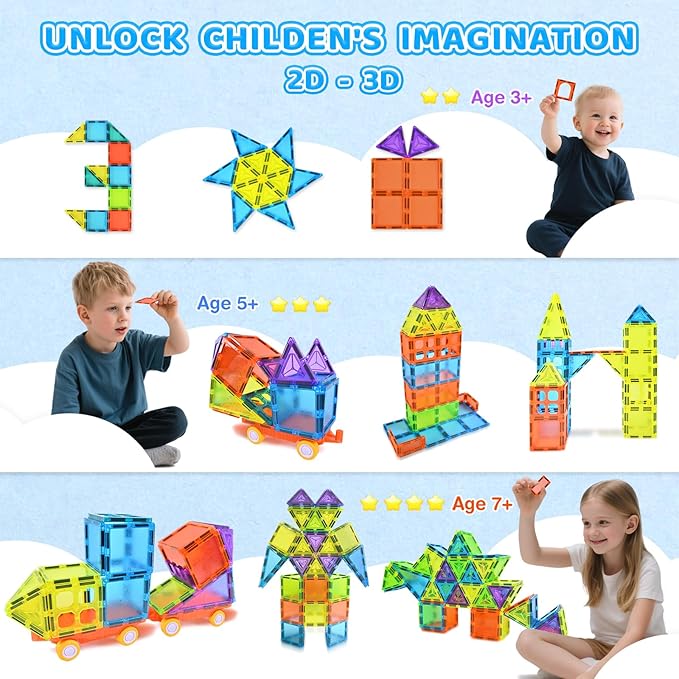 Magnetic Tiles 125PCS Magnetic Building Blocks Set 3D Magnet Tiles with 2 Cars STEM Educational Learning Construction Toys Kids Birthday Gifts for Preschool Toddler Boys Girls 3 4 5 6 7 8 9 + Year Old