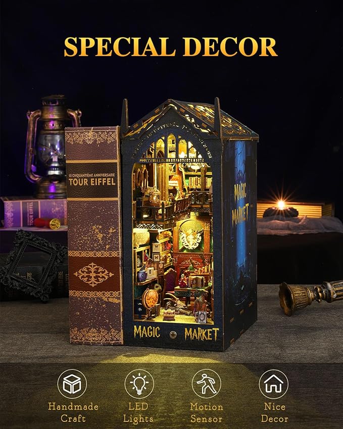 Magic Book Nook Kit, DIY Booknooks Kit for Adults Teens, Bookshelf Diorama Miniature House Kit Scenes Insert Decor with Sensor Light, 3D Wooden Puzzle Gifts for Boys Girls (Magic Market)