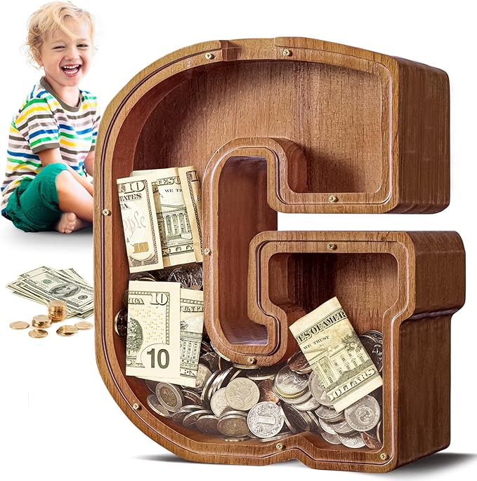 Summidate Large Wooden Piggy Bank for Kids Adults, Alphabets Letter A-Z Piggy Bank for Boys Girls, Coins Bills Change Bank Box Personalized Initial Name Kids Money Bank for Birthday Present and Decor