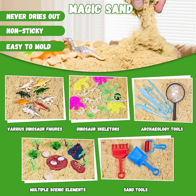 Pakimio Dinosaur Sensory Bin with Lid, 2.64lbs Magic Sand, Dino Figures & Skeletons, Archaeology & Sand Tools, Scenic Elements, Play Sand Kit Dinosaur Toys for 3 4 5 6 7 8+ Year Old Boy Birthday Gift