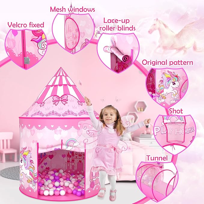 3PC Princess Tent for Girls with Kids Ball Pit and Crawl Tunnel for Toddlers, Pink Pop Up Playhouse Toys Indoor& Outdoor for Birthday Gifts