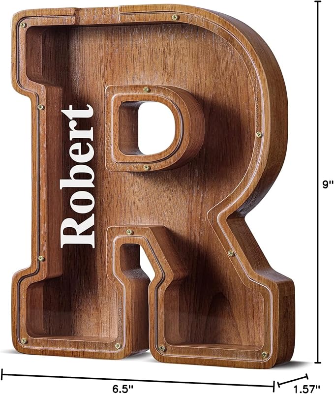 Summidate Customized Name Extra Large Wooden Piggy Bank for Kids Boys Girls Alphabets Letter A-Z Coins Bills Money Change Saving Box Clear Cover (Laser Engraved) Educational Toys 12"- Letter R