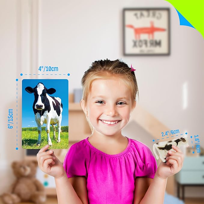 SpriteGru 12 PCS Farm Animal Figurines with 12 Introducing Flashcards, Realistic Farm Animals Playset Montessori Toys Science Educational Matching Game for Homeschool Preschool Toddler Kids