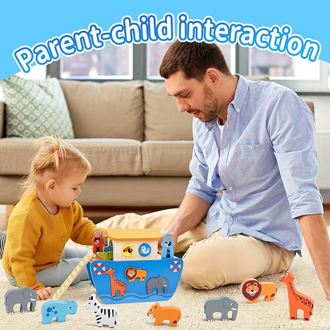 KMTJT Toddlers Wooden Noah's Ark Toy Animal Playset, Baptism Gifts for 1 2 3 Boys Girls, Shape Sorter Early Learning Montessori Toys with Bible Story Book for 12 18 24 Months Babies