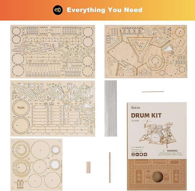 Rolife 3D Wooden Puzzles for Adults Drum kit Musical Instrument Model(TG409)