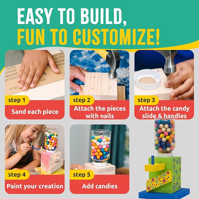 SparkJump DIY Wood Building Kits, STEM Woodworking Kit for Kids, Creative Fun Craft Projects, Great Gift for Boys & Girls (Candy Dispenser, 1-Pack)