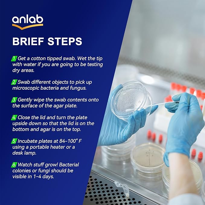 anlab™ Nutrient Agar Petri Dishes Science Project Kit | Pre-Poured Agar Plates and Cotton Swabs for Science Experiments | Bacteria Science Kit - Sealed Separately (Items of 10)