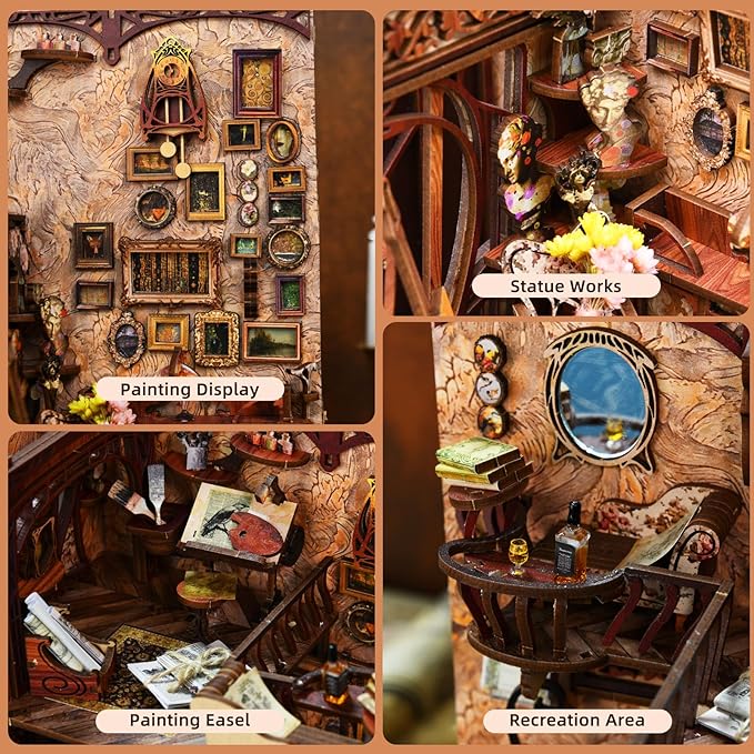 Book Nook Kit, DIY Miniature Dollhouse Booknook Kit, 3D Wooden Puzzle Bookend Bookshelf Insert Decor with LED Light for Teens and Adults, Painter's Day at Dusk