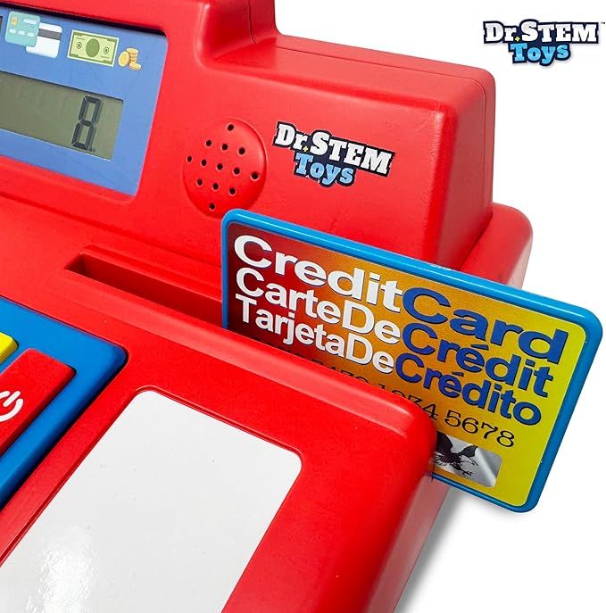 Dr. STEM Toys Solar Powered Calculator Pretend Cash Register with Play Money – 67-Piece Set for Learning Math Skills, STEM Cash Register for Kids, Red