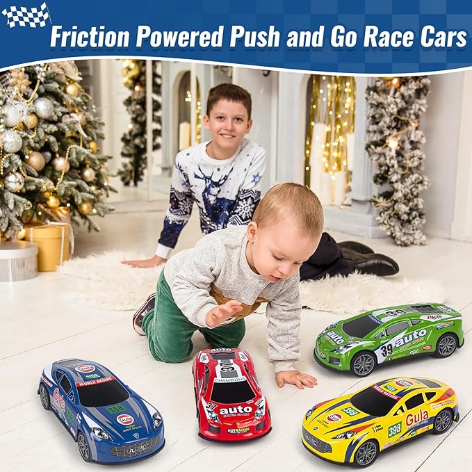 7 Inch Friction Powered Car Toys Set 4 Pack Push and Go Pull Back Race Trucks Toy Cars for Toddlers 3 4 5 6 Year Old Boys Girls Kids Birthday Gifts