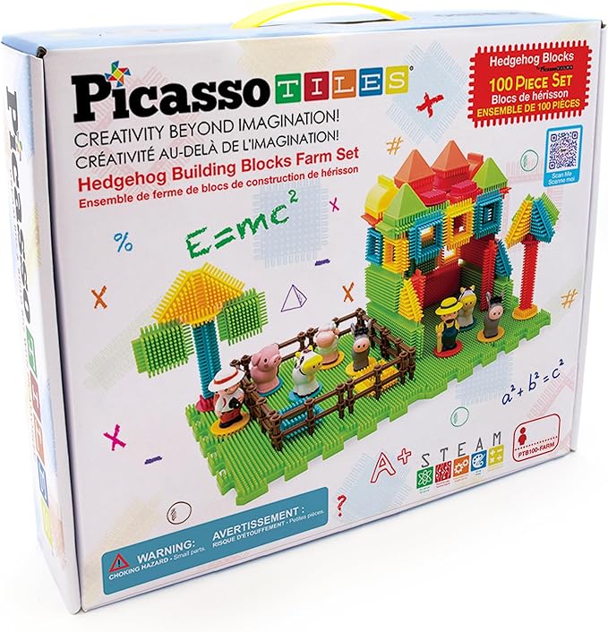 PicassoTiles PTB100 100pcs Hedgehog Shape 3D Building Blocks Tiles Farm Theme Set Learning Playset STEM Toy Set Educational Kit Child Branin Development Preschool Kindergarten Toy