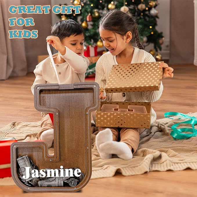 Wooden Letter Piggy Bank for Kids Larger Letter Piggy Bank for Boys and Girls Personalized Piggy Bank Initial Coin Bank Wood Kids Money Bank for Birthday and Festival