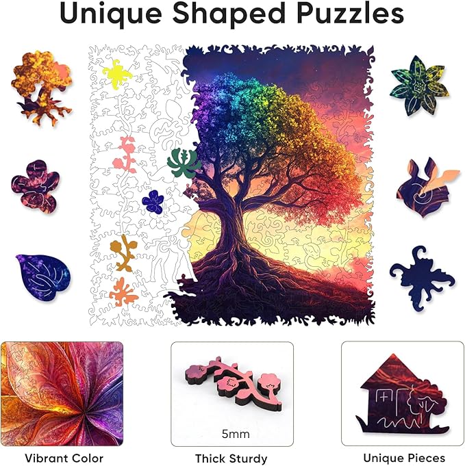 Ruikiyart Wooden Puzzles for Adults, 5MM 200 Pieces Color-Tree of Life Wooden Jigsaw Puzzles, Plant Unique Shaped Puzzle Gifts for Adults and Kids on Thanksgiving, Family Puzzle Games(11.3"*11.1")
