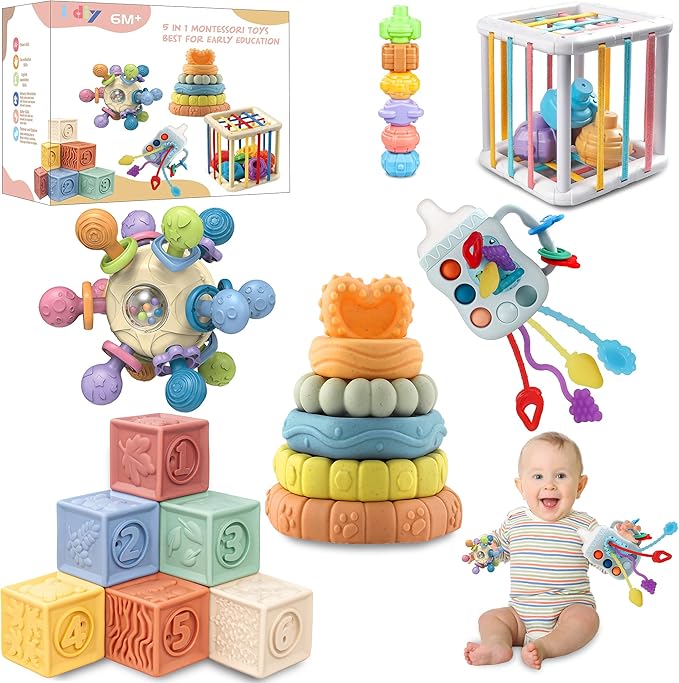 Baby Toys 0-6-12 Months,Montessori Toys for babise 0-6-12-18 Months,Incl Pull String Toy & Shape Sorter & Stacking Building Block & Manhattan ball & Baby Blocks，montessori baby toys for 1 + year