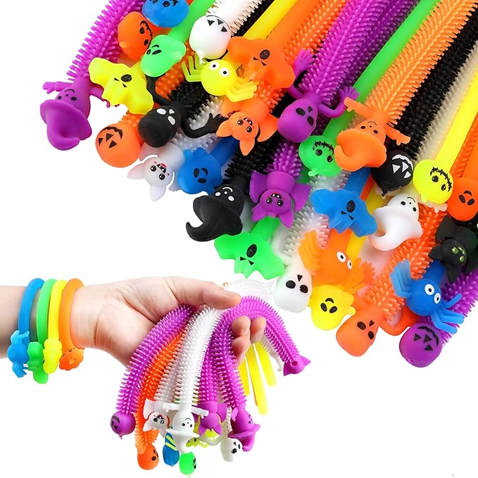 codree 48 Pcs Halloween Stretchy Fidget Toy, Colorful Stretchy Strings Sensory Fidget Toys, Sensory Stress Relief Stretch Toys with Ghost Pumpkin Bats Skull for Kids Party Favors Treat Bags Gifts