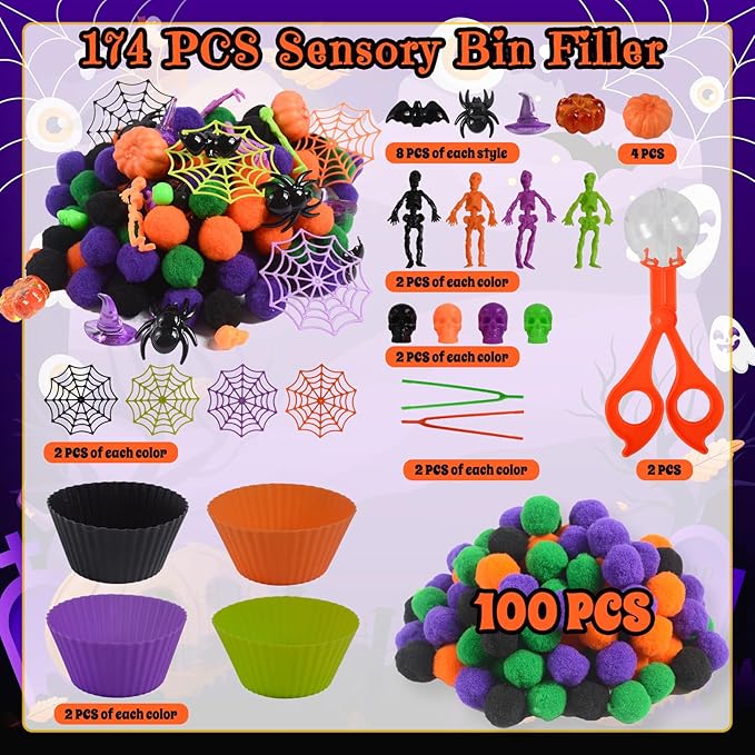 174Pcs Halloween Sensory Bin Filler Fine Motor Toys Horror Sensory Bin Items 100 Pompoms 8 Acrylic Pumkins 8 Witch Hats 8 Spiders 8 Bats 8 Skeleton Men 8 Skull 8 Spider Web 4 Foam Pumkins