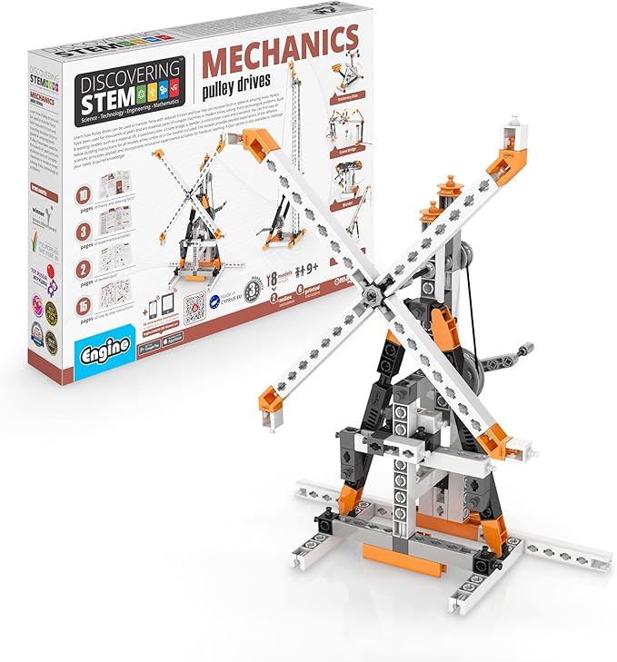 Engino STEM Toys, Pulley Drives Building Toys for Kids 9+, Educational Set, Creative Gift for Boys & Girls, STEM Engineering Kit, Play & Learn (8 Building Model Options)