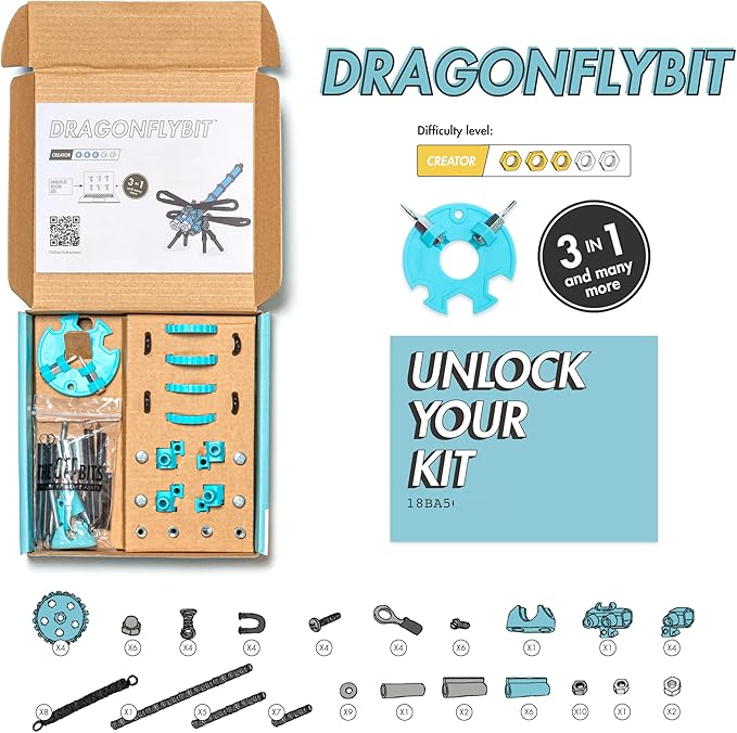The Off Bits Erector Set: Animal Mini STEM Toys for Kids 6+, Toy Building Sets with Nuts & Bolts, STEM Building Toys Gifts for Boys and Girls (Blue Dragonfy)