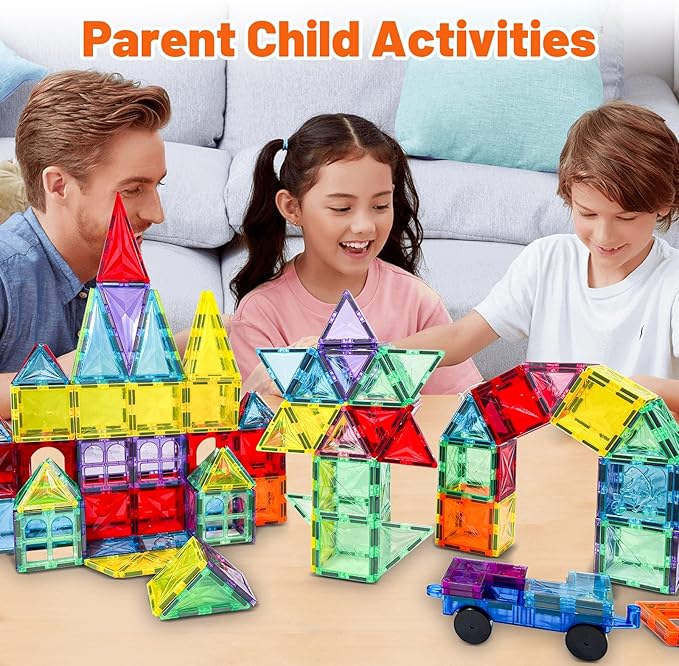 Magnetic Tiles, 100PCS Kids Magnetic Blocks Toy Set, Magnet Tiles 3D Clear Building Blocks Set with 2 Cars, STEM Sensory Educational Toys Gift for Toddlers Boys 3 4 5 6 7 8 9
