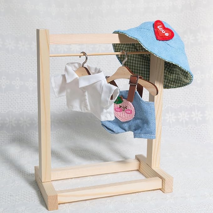 17cm Doll Outfits for Labubu - Kawaii Chic Style Set for 17cm Dolls, Cute Doll Clothes with Accessories - White Shirt + Pink Peach Blue Romper + Heart Shaped Blue Hat (Clothes Only)