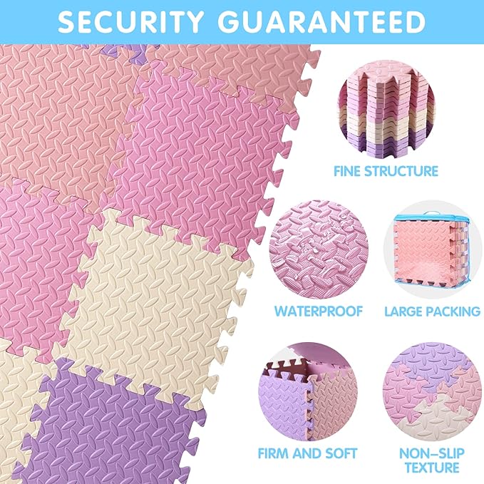 16-Tile Soft & Safe EVA Foam Play Mat for Baby - Square, Solid Colored Kids Puzzle Floor Mat, 47x47 - Purple/Pink/Loli Pink/Beige