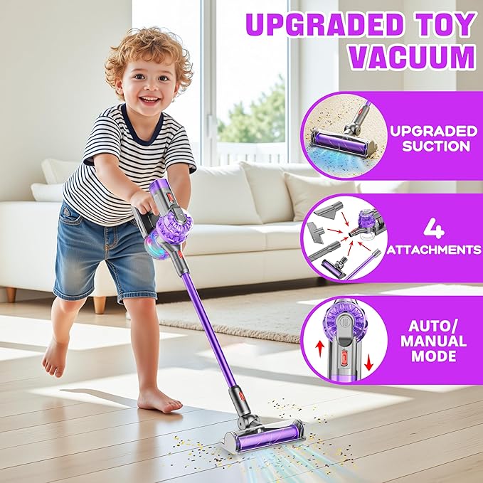 4-in-1 Toy Kids Vacuum That Works with Suction, Electric Toy Toddler Vacuum Cleaner for Children Ages 3 4 5 6+ Boys & Girls,Toddlers Toys Cleaning Set for Pretend Play (Purple)