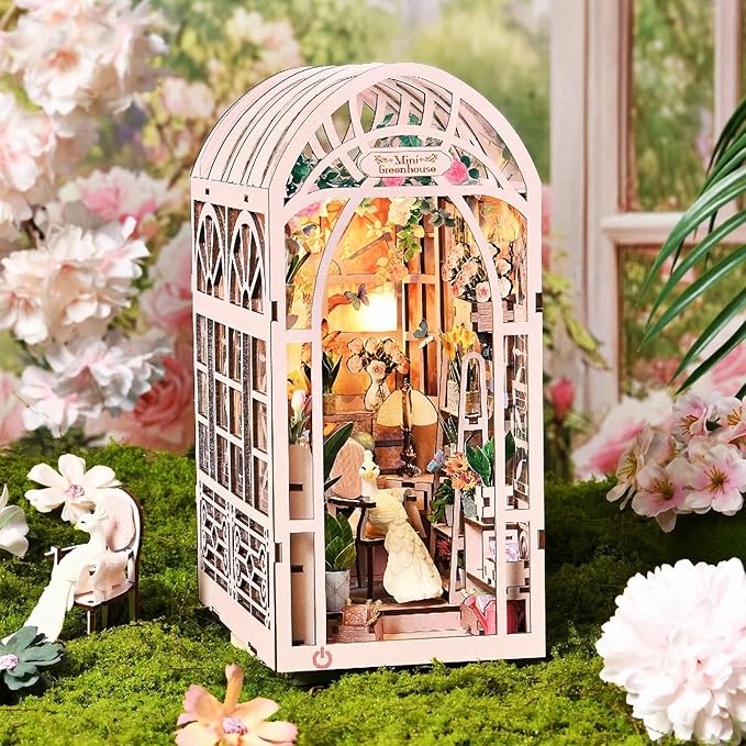 DIY Book Nook Kit, Miniature Bookshelf Decor with LED Lights, Laser-Cut Wooden Craft Set for Adults, Creative Gift for Christmas, Birthday, Greenhouse Flower Room